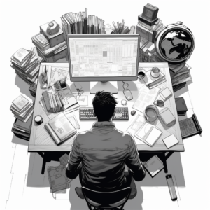 a comic of an man working at a computer